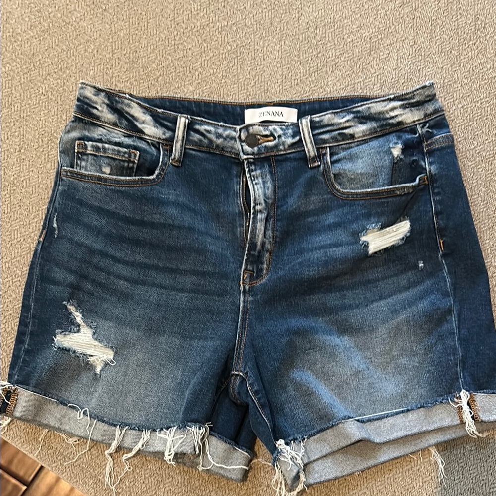 Zenana Blue Distressed Jean Shorts Frayed Hem